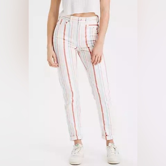 American Eagle High Rise Retro Stripe Mom Jean Pants Size 2 Short - Picture 1 of 11